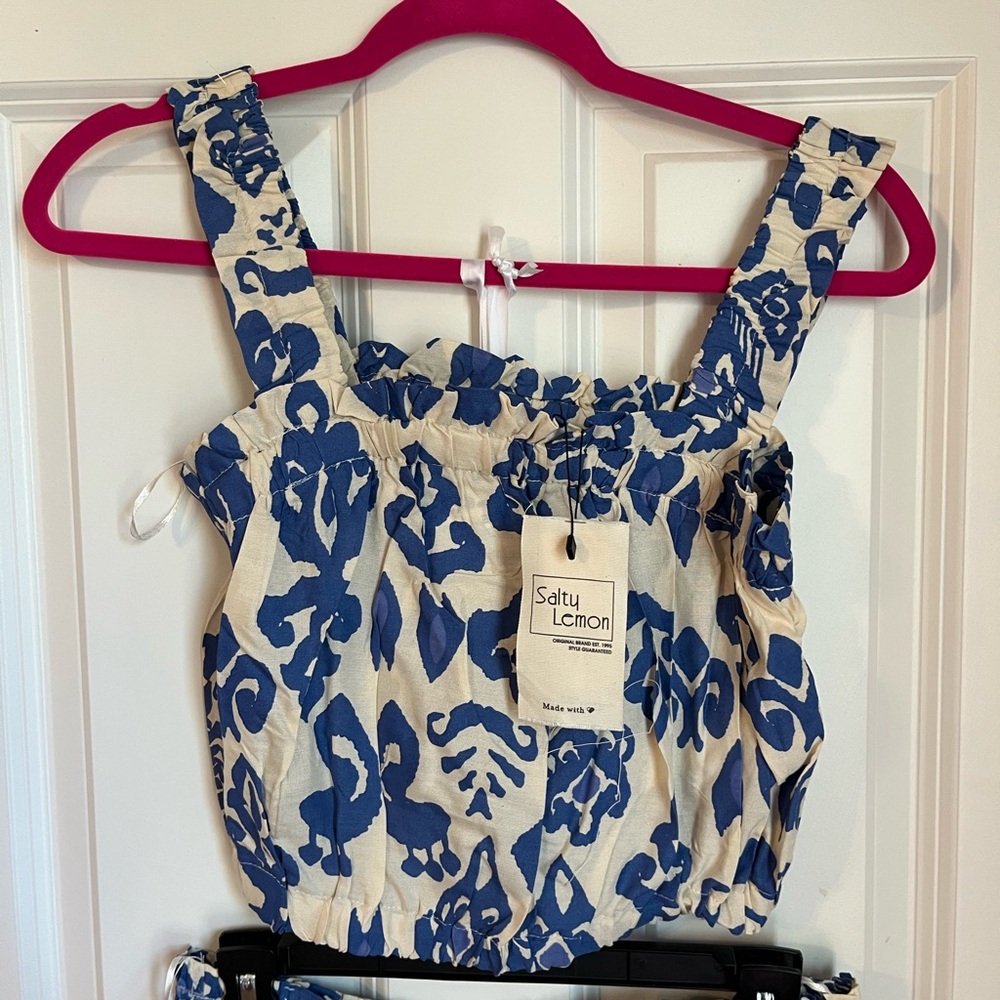 Anthropologie Blue and Cream Smocked Strap Crop Top